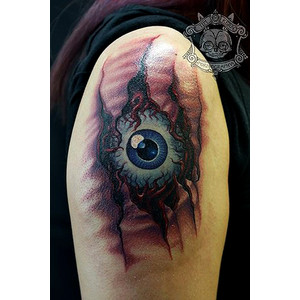 Ripped Skin Horror Eye Tattoo On Shoulder