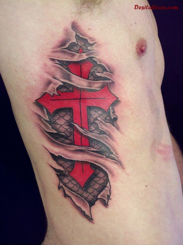 Ripped Skin Red Cross Tattoo On Man Side Rib