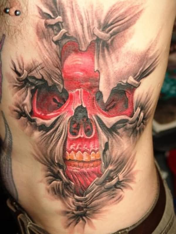 Ripped Skin Scary Red Skull In Cross Tattoo On Side Rib By Aashish Sahrawat
