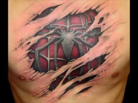 Ripped Skin Spider On Web Tattoo On Man Chest