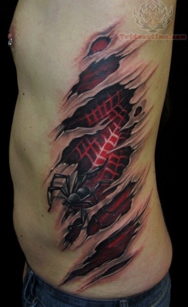 Ripped Skin Spider On Web Tattoo On Man Side Rib