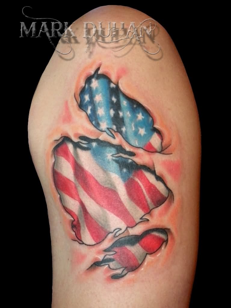 Ripped Skin USA Flag Tattoo On Shoulder By Mark Duhan