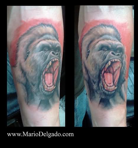 Roaring Gorilla Head Tattoo On Bicep