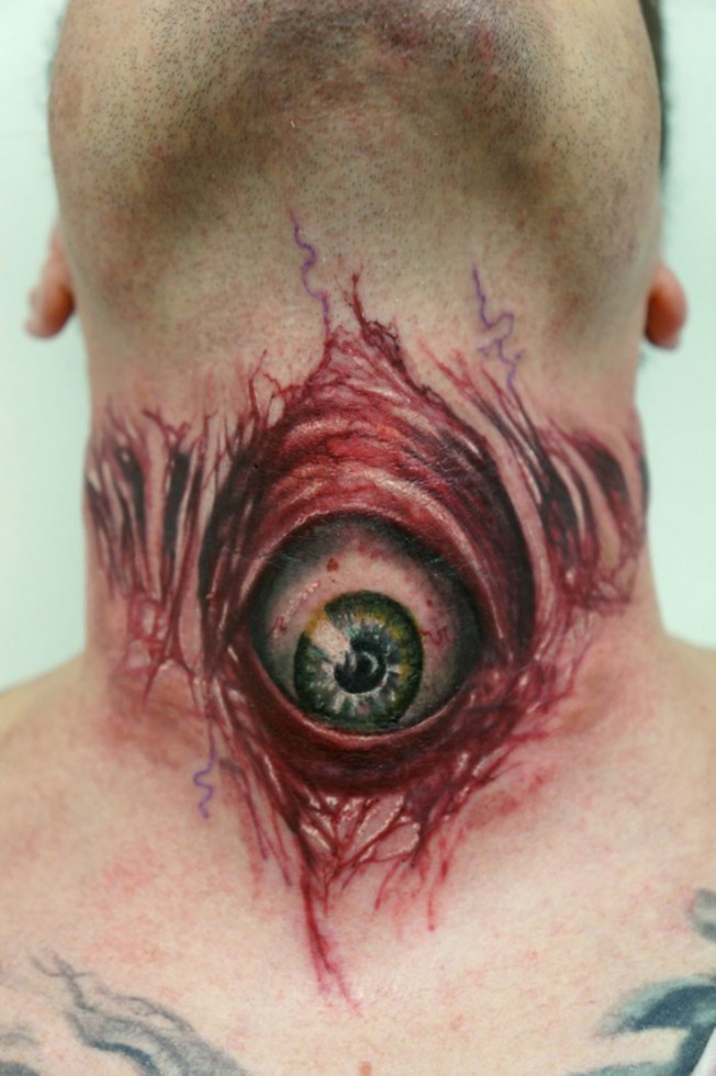 Scary Eye Tattoo On Man Neck