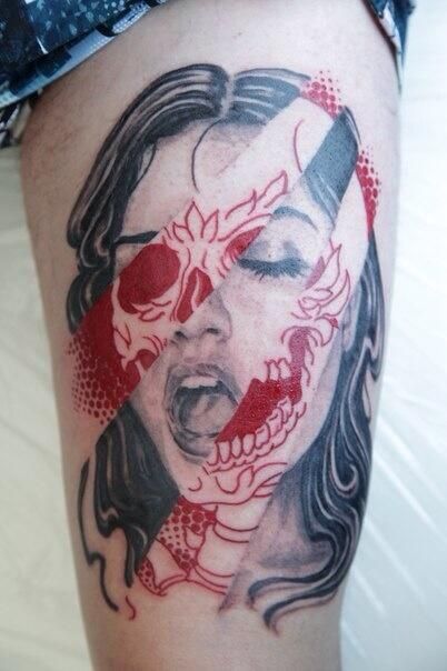 Scary Girl Face Tattoo On Thigh
