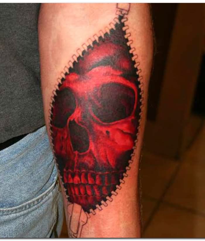 Scary Red Skull In Zip Tattoo On Forearm