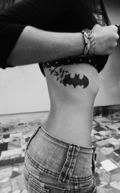 Silhouette Batman Logo With Flying Bats Tattoo On Girl Side Rib