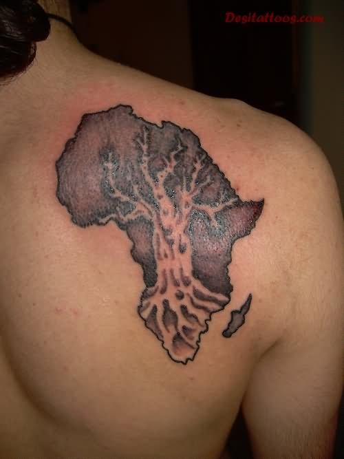 Tree Without Leaves In African Map Tattoo On Right Back Shoulder
