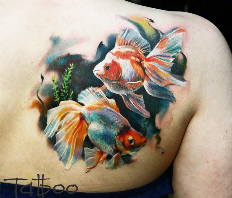 Unique Colorful Fishes Tattoo On Back Shoulder By Valentina Ryabova