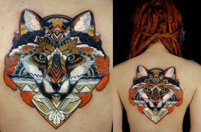 Unique Colorful Fox Head Tattoo On Girl Back By Nika Samarina