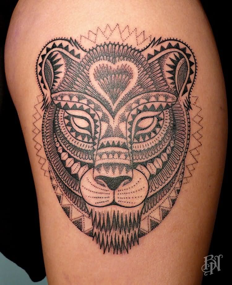Unique Lioness Head Tattoo On Shoulder By Jeykill
