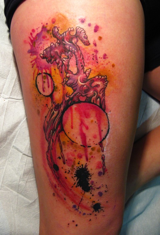 Watercolor Abstract Painting Tattoo On Thigh