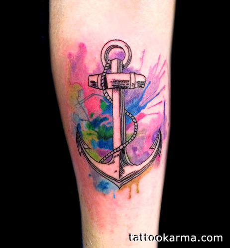 Watercolor Anchor Tattoo On Forearm