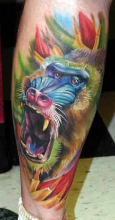 Watercolor Baboon Face Head Tattoo On Leg
