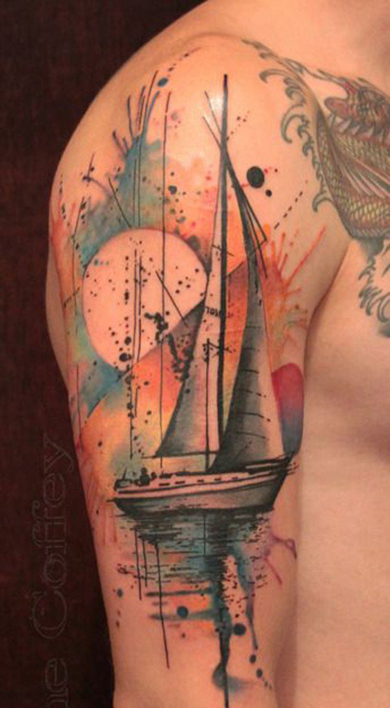 Watercolor Boat With Full Moon Tattoo On Half Sleeve