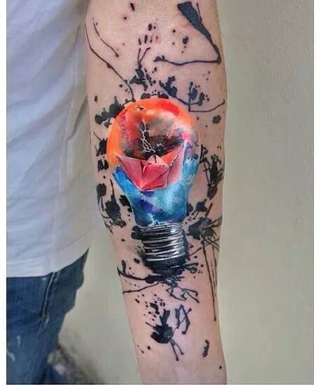 Watercolor Bulb Painting Tattoo On Full Sleeve
