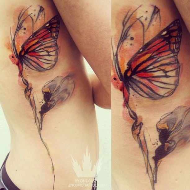Watercolor Butterfly Painting Tattoo On Side Rib