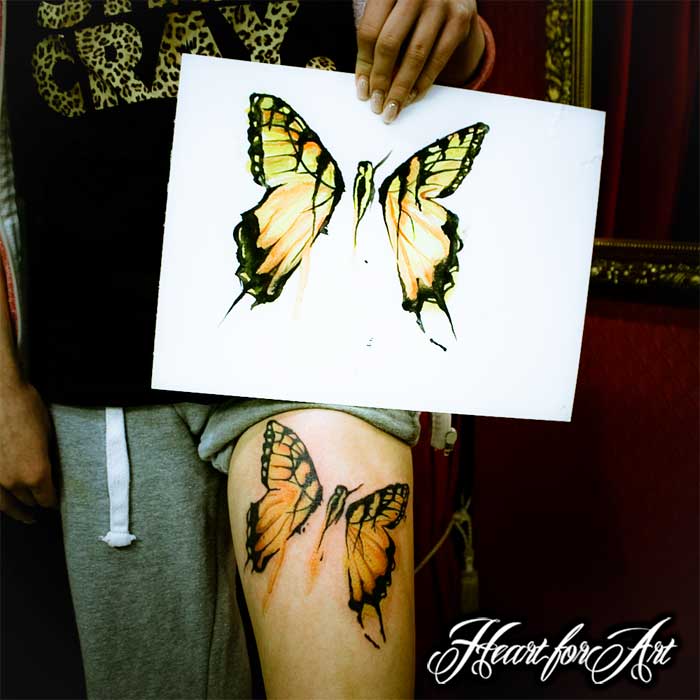 Watercolor Butterfly Painting Tattoo On Thigh