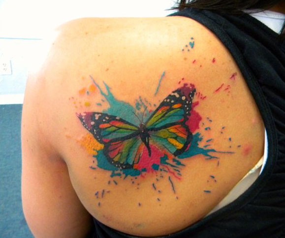 Watercolor Butterfly Tattoo On Back Shoulder