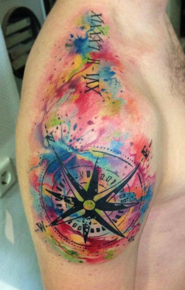Watercolor Compass Tattoo On Shoulder