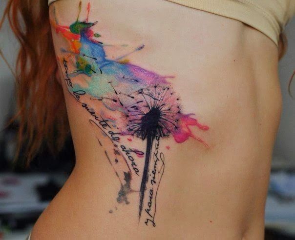 Watercolor Dandelion Painting Tattoo On Girl Side Rib