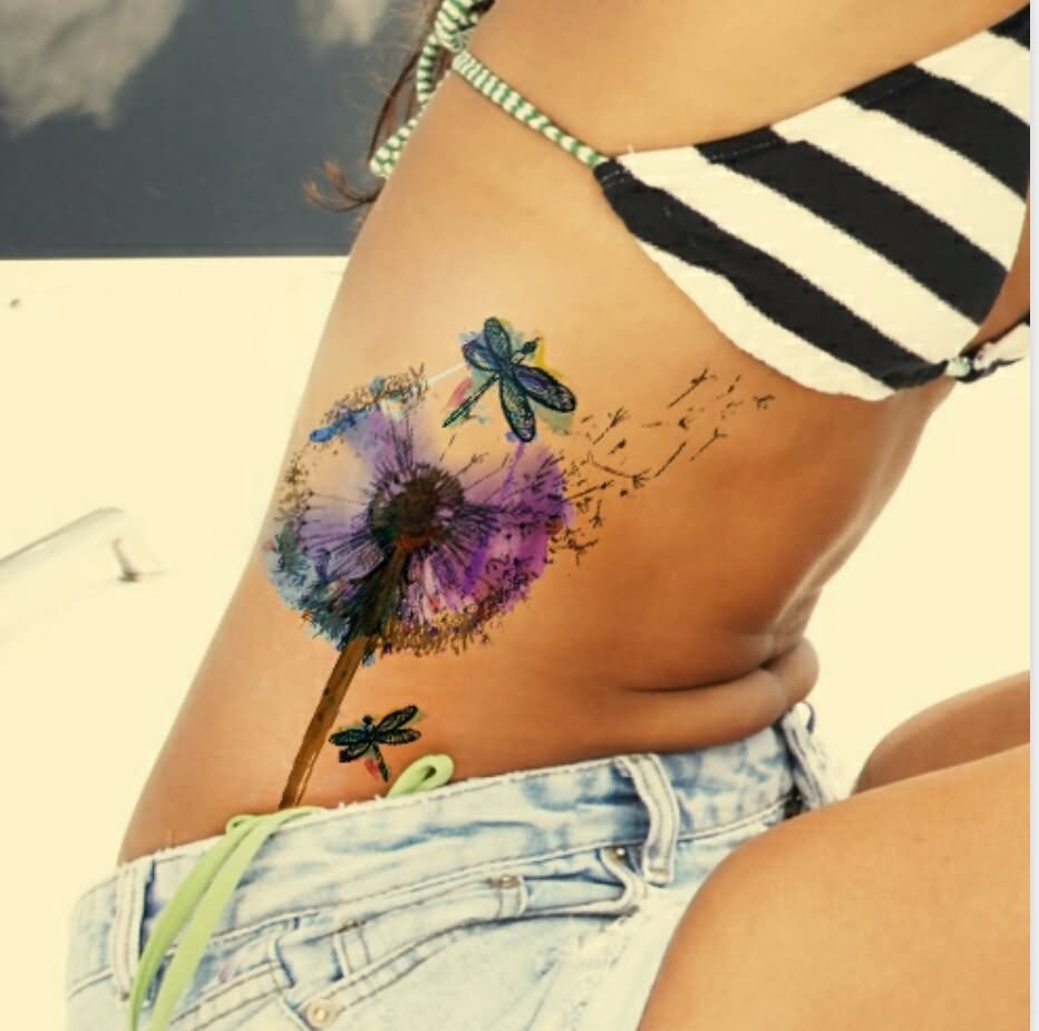 Watercolor Dandelion With Two Dragonfly Tattoo On Girl Side Rib