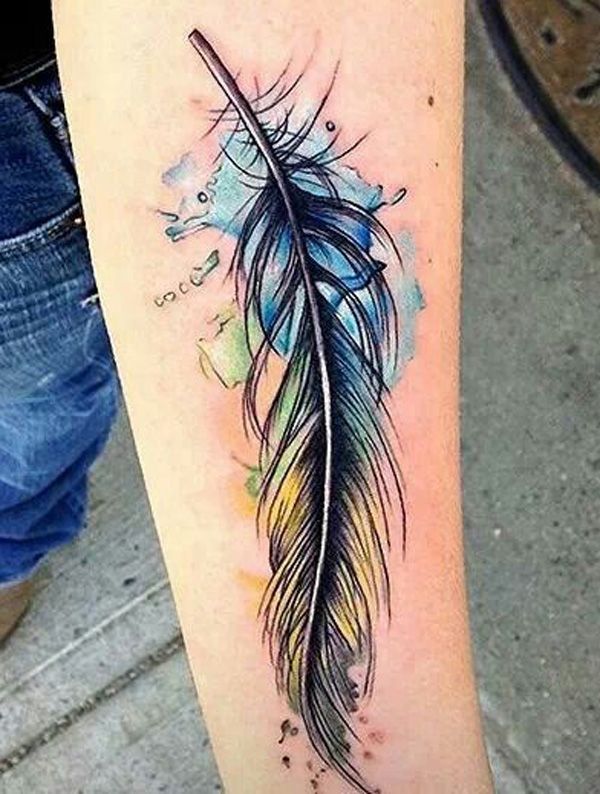 Watercolor Feather Tattoo On Forearm