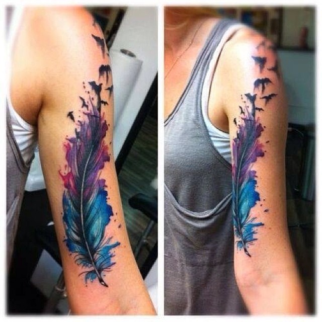 Watercolor Feather Tattoo On Half Sleeve