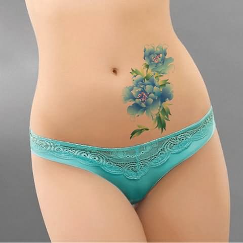 Watercolor Flowers Painting Tattoo On Girl Stomach
