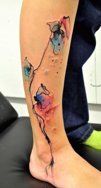 Watercolor Flowers Painting Tattoo On Leg