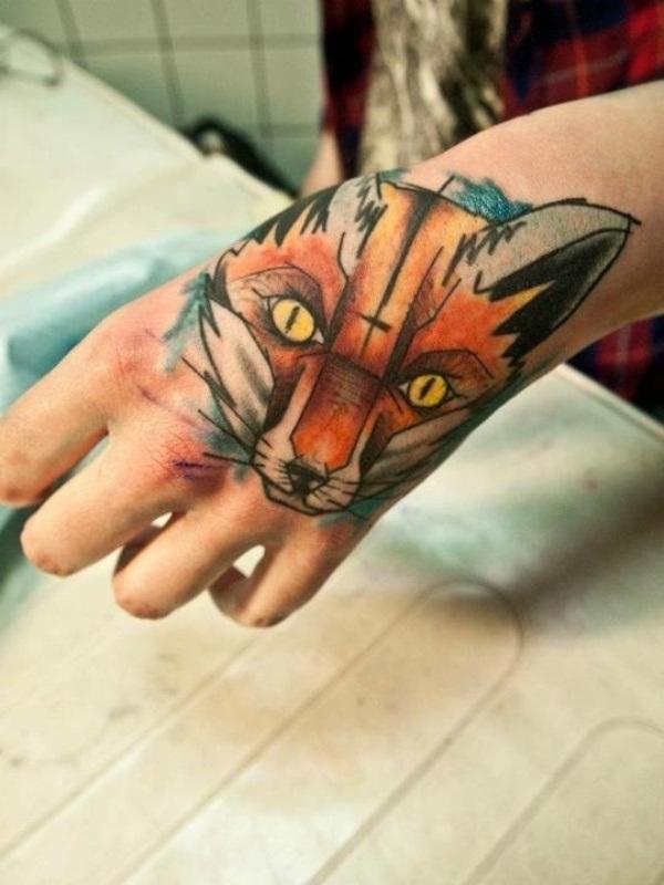 Watercolor Fox Head Tattoo On Left Hand By Sven Groenewald