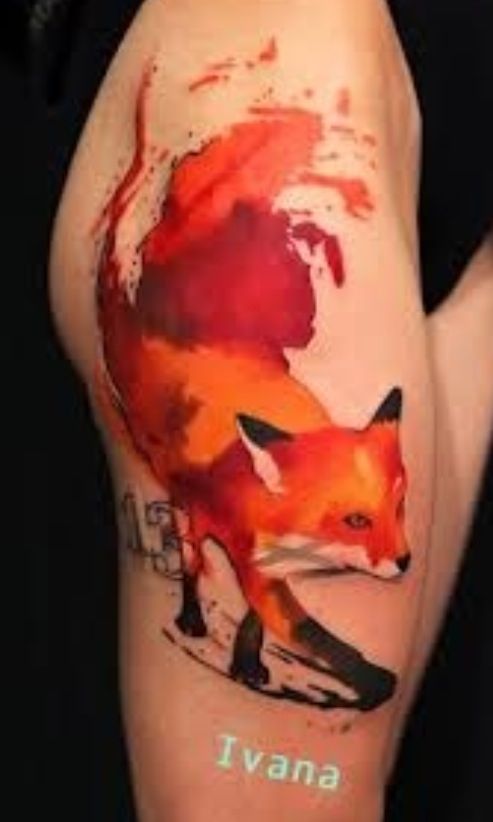Watercolor Fox Head Tattoo On Thigh By Ivana
