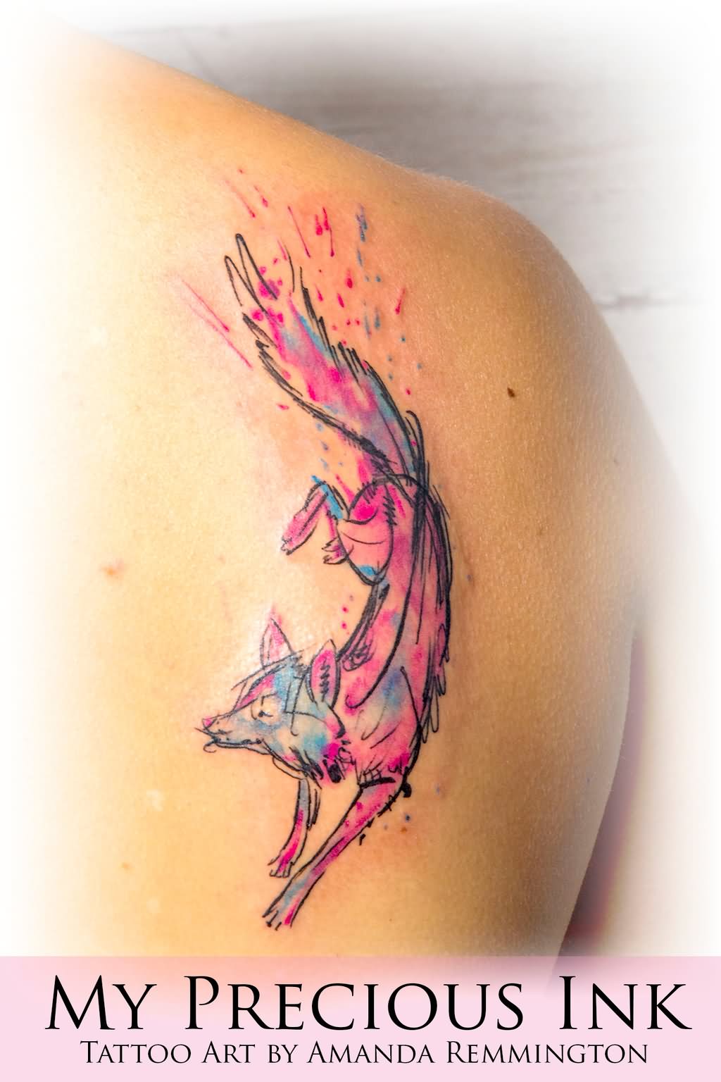 Watercolor Fox Tattoo On Back Shoulder By Amanda Remmington