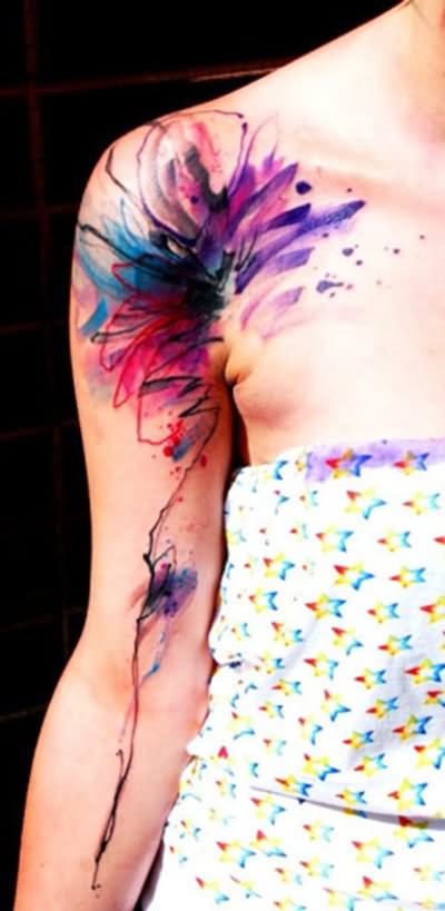 Watercolor Free Painting Tattoo On Girl Front Shoulder