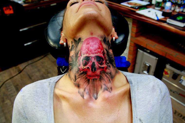 Watercolor Human Head Skeleton Tattoo On Girl Neck