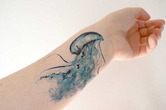 Watercolor Jelly Fish Tattoo On Forearm