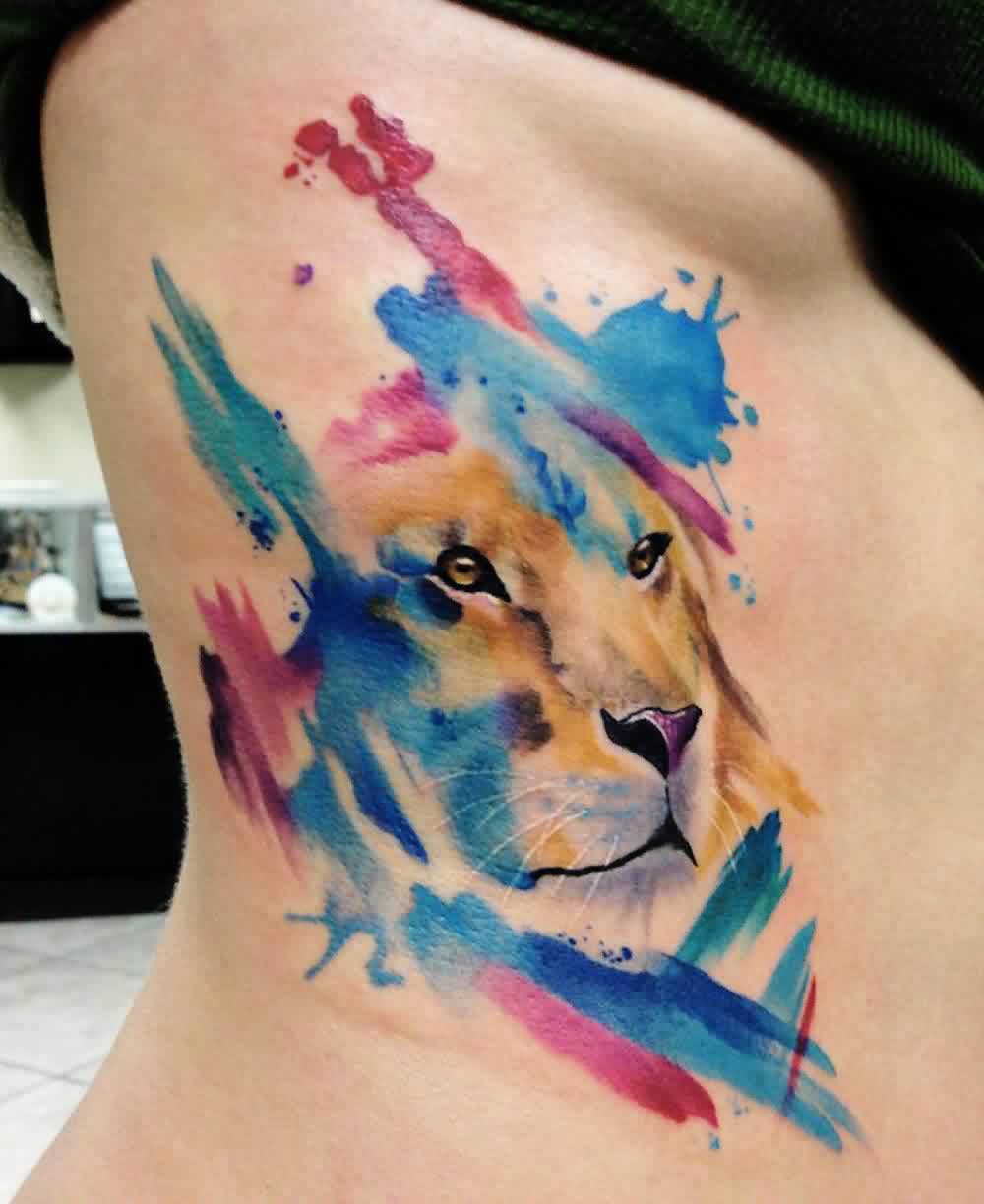 Watercolor Lion Head Tattoo On Girl Side Rib By Mike Schultz
