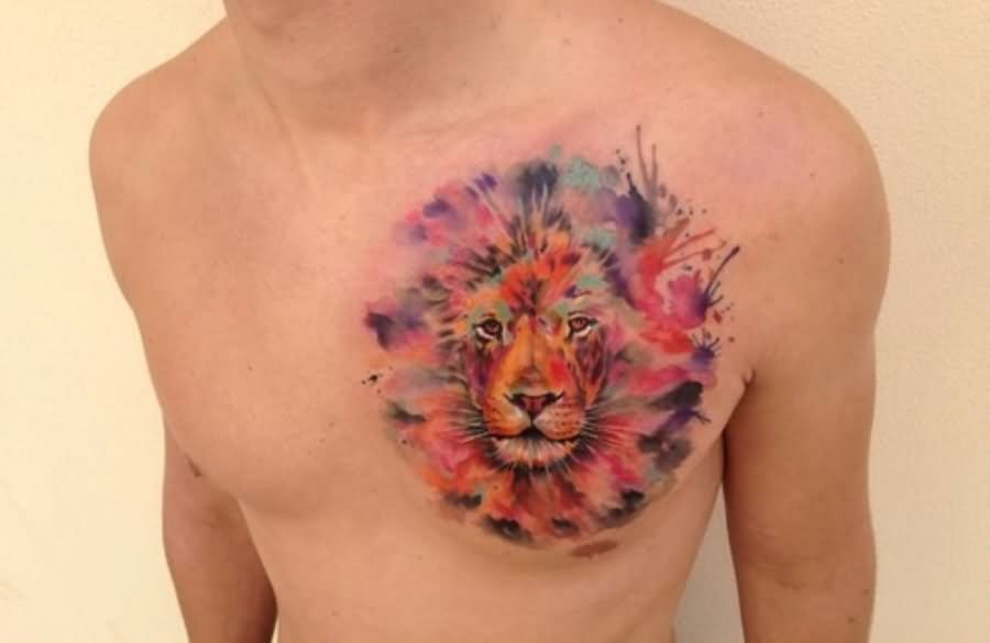 Watercolor Lion Head Tattoo On Man Chest