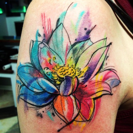 Watercolor Lotus Painting Tattoo On Shoulder