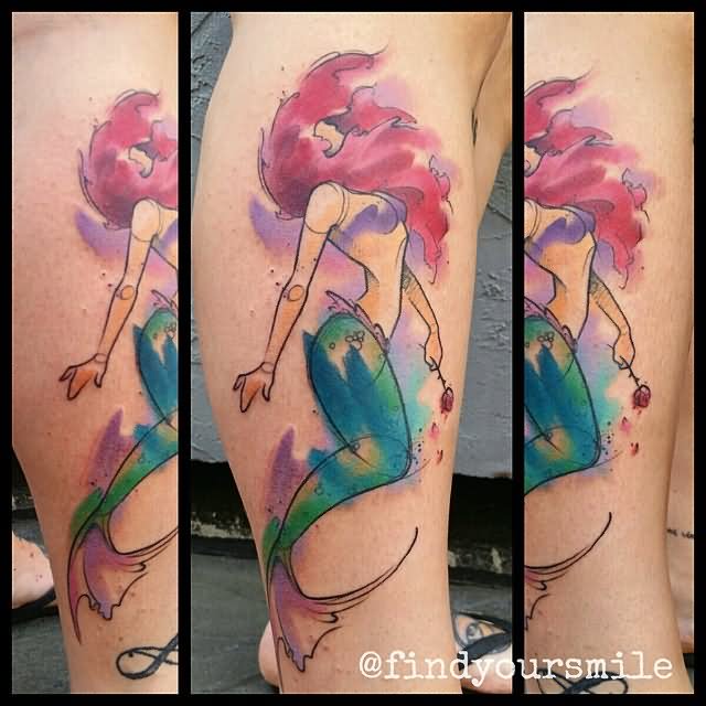 Watercolor Mermaid Tattoo On Leg