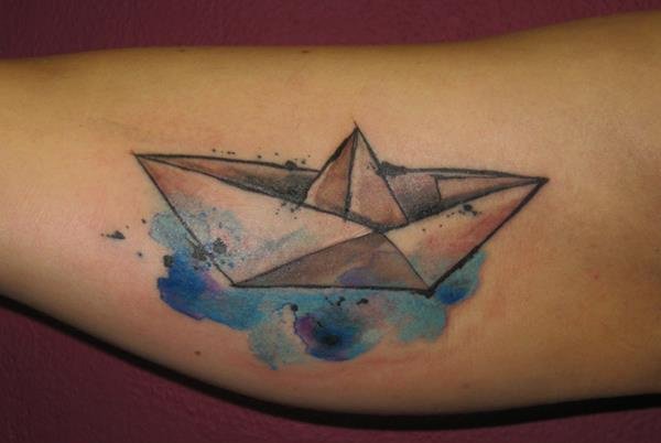 Watercolor Paper Boat Tattoo Design For Forearm