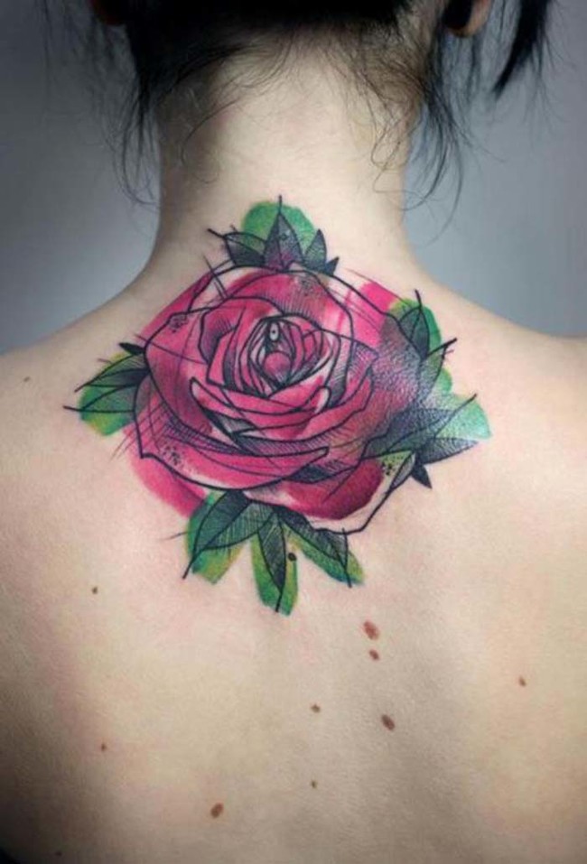 Watercolor Red Rose Tattoo On Girl Back Neck