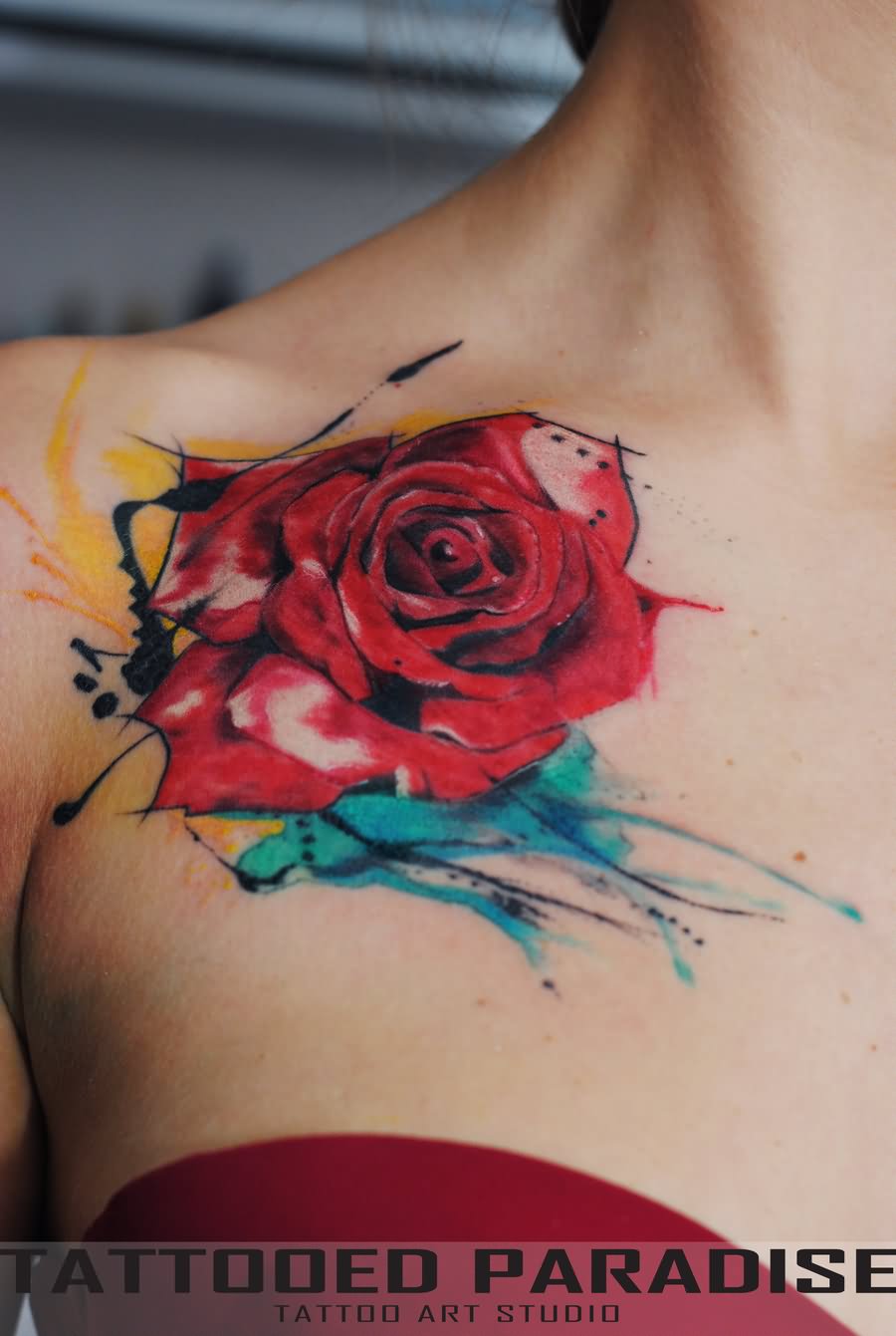 Watercolor Red Rose Tattoo On Girl Right Front Shoulder By Aleksandra Katsan