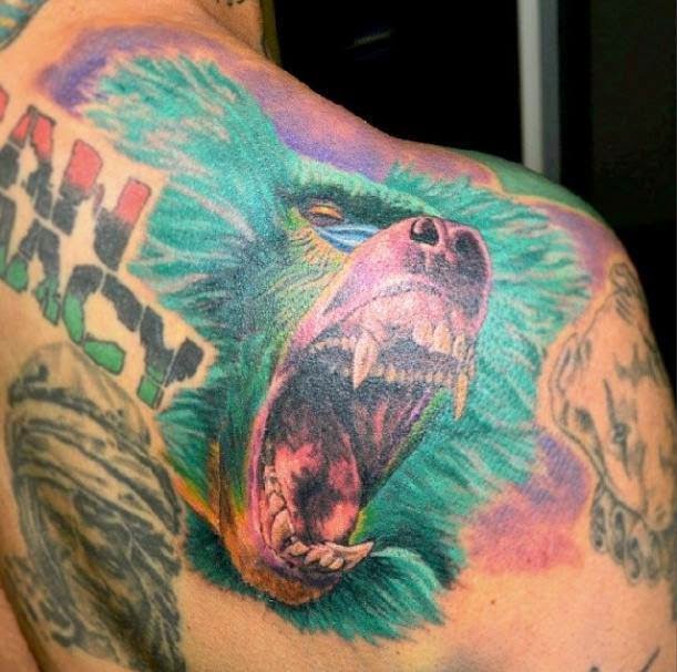 Watercolor Roaring Baboon Face Tattoo On Right Back Shoulder