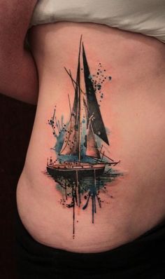 Watercolor Simple Boat Tattoo On Side Rib