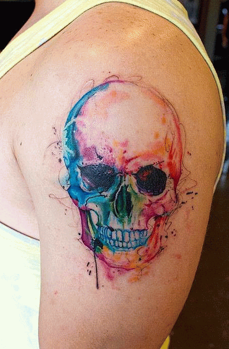 Watercolor Skull Tattoo On Shoulder