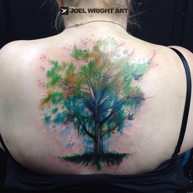 Watercolor Tree Tattoo On Girl Upper Back