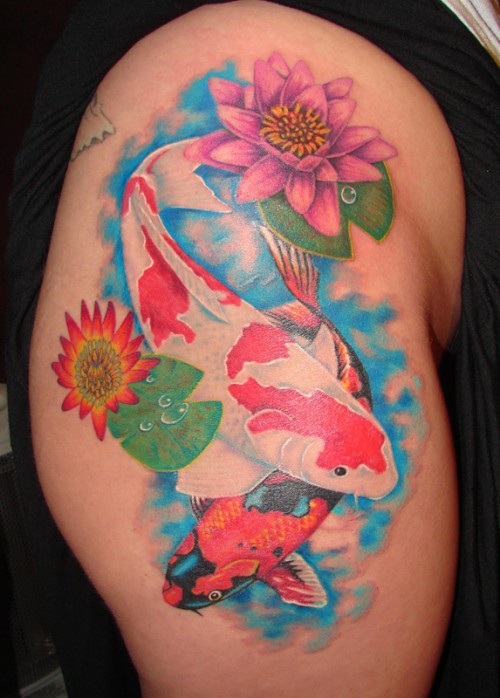 Watercolor Two Fish With Flowers Tattoo On Shoulder By Andrew Sussman
