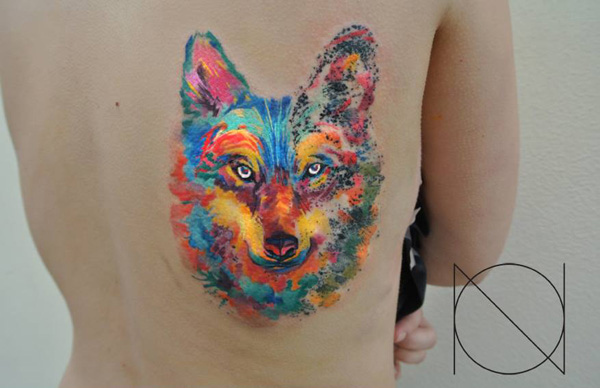 Watercolor Wolf Head Tattoo On Back By Ondrash