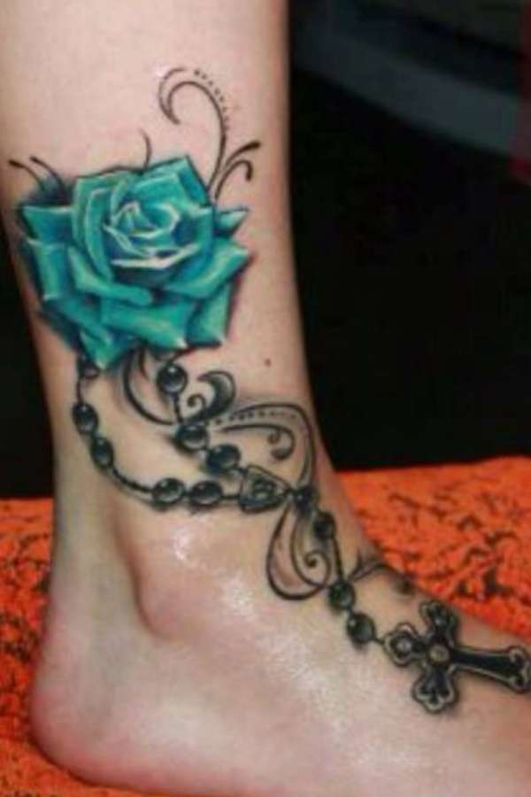 3D Green Rose With Rosary Cross Tattoo On Leg